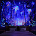 Racunbula Blacklight Forest Jellyfish Tapestry UV Reactive Nature Tree Tapestry Trippy Fantasy Starry Sky Tapestries Aesthetic Jungle Plants Tapestries Wall Hanging for Bedroom