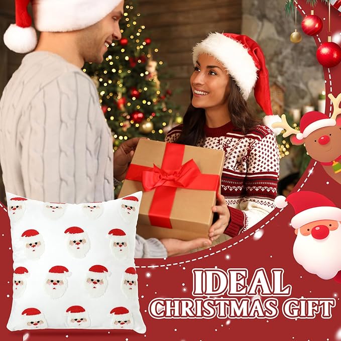 2 Pcs Christmas Tufted Throw Pillow Covers 18 x 18 Inch Cute Santa Claus Soft Dutch Velvet Pillowcase Xmas Red White Square 3D Embroidery Cushion Cover Winter Holiday Decor for Sofa Couch Bed