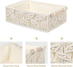 ANMINY 3PCS Macrame Storage Baskets for Organizing Boho Decor Baskets Storage Bins with Wood Handles Handmade Decorative Storage Boxes Desk Toilet Tank Bathroom Self Basket Organizer - Leaves w/Beads