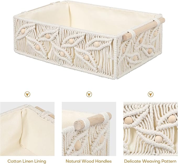 ANMINY 3PCS Macrame Storage Baskets for Organizing Boho Decor Baskets Storage Bins with Wood Handles Handmade Decorative Storage Boxes Desk Toilet Tank Bathroom Self Basket Organizer - Leaves w/Beads