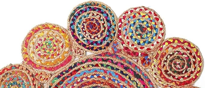 Jute Cotton Braided Boho Area Rug, 2' Round - Natural, Handmade, Hand Woven Farmhouse Reversible Rugs for Living Room, Kitchen, Bedroom, Hallway, Entryway - 2 Feet Round Multicolor