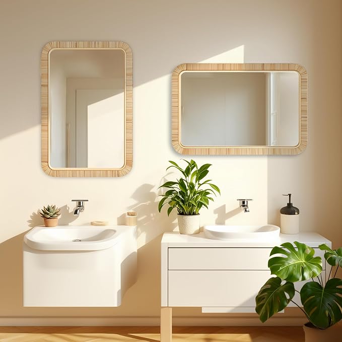 Rattan Bathroom Mirror Wall Mounted Bathroom Mirror for Rustic Farmhouse Style Wicker Rattan Frame Boho Mirror for Bathroom Bedroom Entryway Living Room Decor