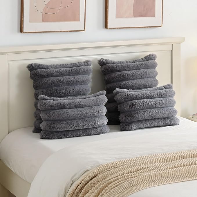 FUTEI Grey Decorative Throw Pillow Covers 22x22 Inch Set of 2, Square Soft Faux Rabbit Fur Thick Striped Cushion Cover,Spring Home Decor for Couch Bed Living Room