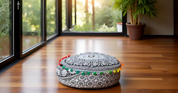 CRAFT KALA Black Elephant Flower Large Hippie Mandala Meditation Floor Ottoman Pillow Cushion Pouf Cover Square Poufs Bohemian Floor Cushion Case Outdoor Fireplace Living Room Decor Cover 24" Round