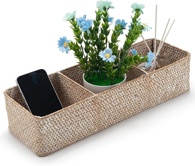 Seagrass Storage Basket for Bathroom, Wicker Toilet Basket Tank Topper, Woven Storage Box for Organizing (Whitewash, 16.5" x 5.5" x 3.5")