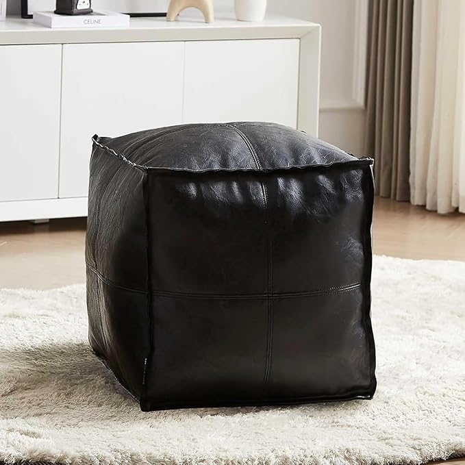 Louis Donné Square Unstuffed Pouf Ottoman Cover - Waterproof Faux Leather Footstool for Living Room, Modern Black Floor Cushion with Storage, Easy Clean, 18 Inch (Cover Only)