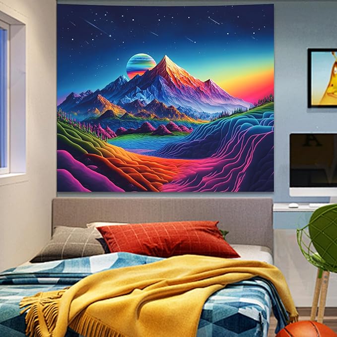 Apdidl Blacklight Posters Space Mountain Tapestry for Bedroom, UV Reactive Sun Nature Forest Tapestries Wall Hanging, Colorful Starry Sky Sunrise Tapestry Aesthetic for Living Room Dorm (51" X 60")