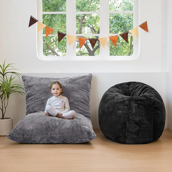 MAXYOYO 3 in 1 Kids Bean Bag Chair Bed, Child Floor Sofa for Gaming, Reading, Faux Fur Floor Mattress with High-Density Foam Filling for Living Room Bedroom