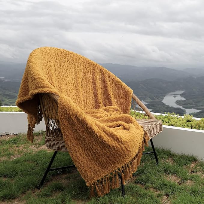 Ultra Soft Cozy Sherpa Throw Blanket, Light Weight Warm Decorative Throw Blanket with Tassel, Mustand Yellow Pattern Reversible Boho Style Blanket for Sofa, Couch, Bedroom,Travel, 60”x80”