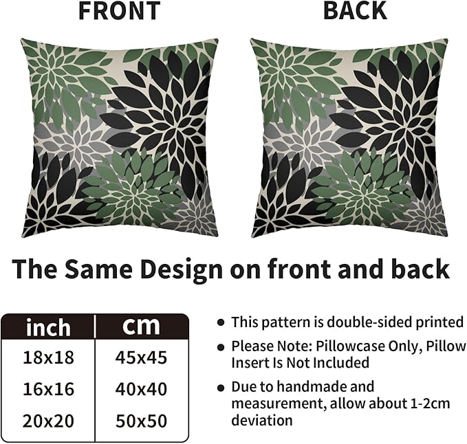 Black Sage Green Pillow Covers 18X18 Inch Set of 2, Spring Summer Floral Dahlia Flower Cream Decorative Throw Pillow Covers Outdoor Modern Farmhouse Cushion Case for Home Couch Sofa Bed Decor