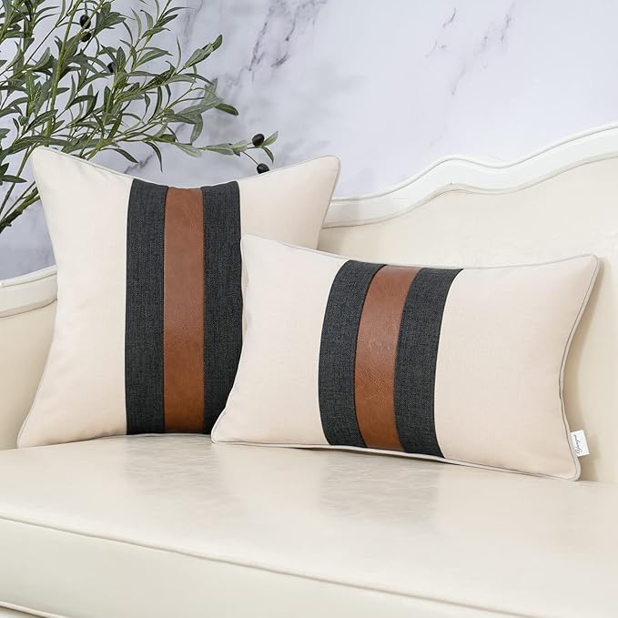 Yangest Patchwork Pillow Cover 18x18 Inch Luxury Cotton and Linen Cushion Cover Faux Leather Pillowcover for Couch Bedroom Living Room, White
