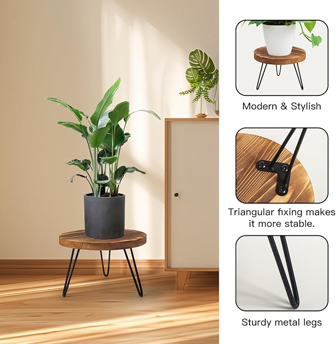 Plant Stand, Indoor/Outdoor Wooden Plant Stands, Mid-Century Plant Table Round Plant Stool for Large Plants , Single Plant Stand for Living Room, Balcony, Office