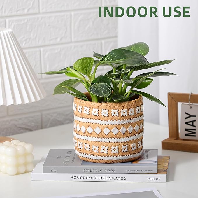 Concrete Rattan-Style Plant Basket Planter, 5" Plant Pots Indoor Outdoor with Drainage Hole, Boho Flower Pot for Succulents, Herbs, Modern Farmhouse Decor, Ideal Gift for Plant Lovers