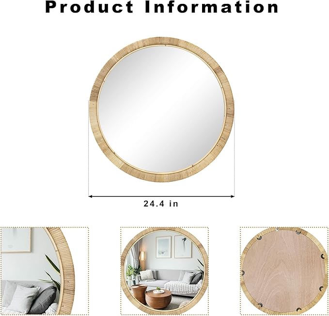 Rattan 24in Round Wall Mirror, Natural Rattan Frame Boho Mirror for Farmhouse Bedroom Checkroom Livingroom Decor