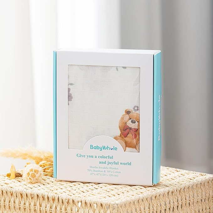 BabyWhale Muslin Swaddle Blanket with Hat and Headband Bow, Flower and Bear Print Swaddle Set for Baby Boys ＆ Girls, Soft Breathable Unisex Receiving Blanket Wrap, 47x47 inches