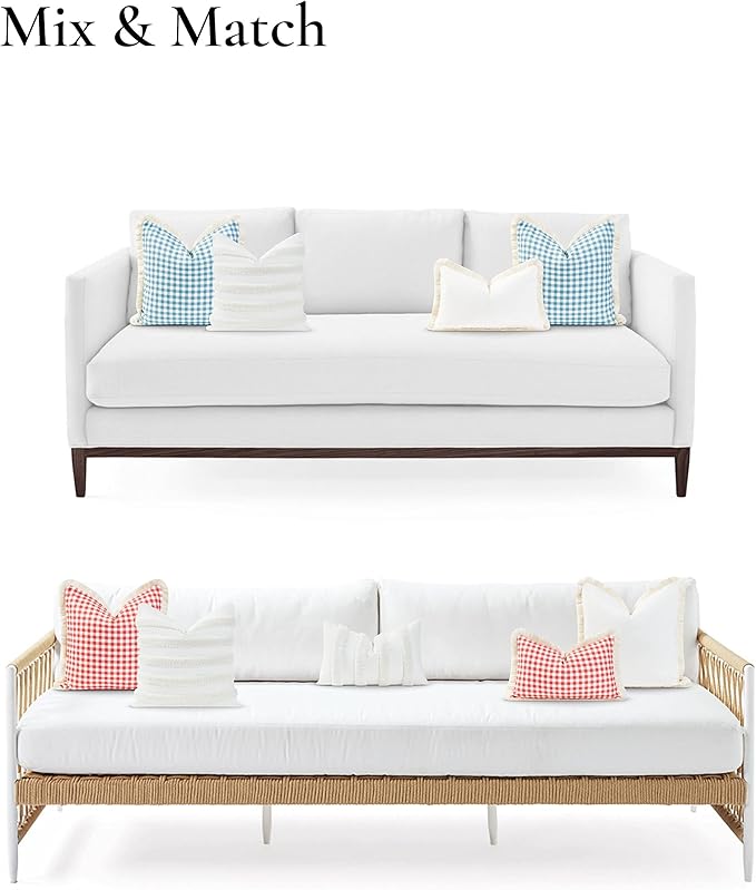 Hofdeco Premium Coastal Patio Tufted Indoor Outdoor Throw Pillow Cover Only, 18"x18" Water Resistant for Backyard, Couch, White Fluffy Stripes