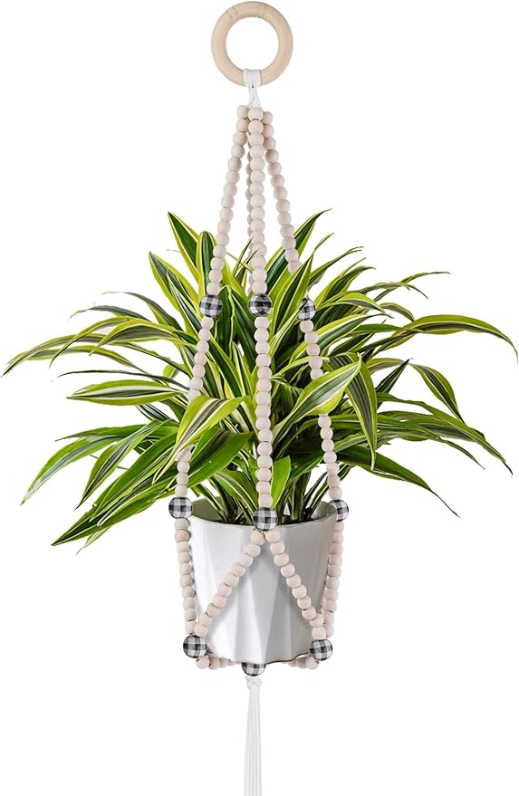 Hotfiary Plant Hanger Indoor Hanging Plant Holder Hang Planter Basket Wood Bead Decorative Flower Pot Holders Boho Farmhouse Rustic Decor Indoor Outdoor (Pot Not Included)