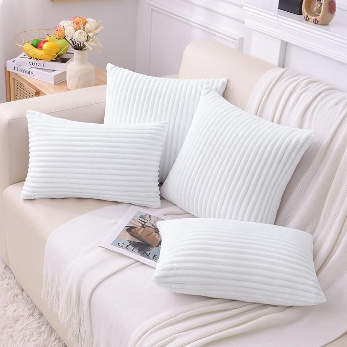 Simmore Decorative Spring Throw Pillow Covers 16x16 Set of 2, Soft Natural Plush Flannel Double-Sided Fluffy Couch Pillow Covers for Sofa Living Room, White