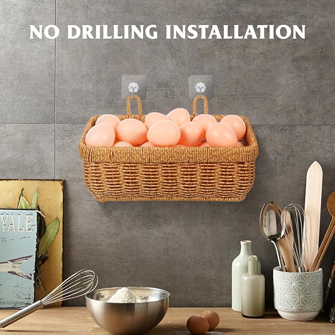 PRETYZOOM Woven Hanging Wall Baskets, Small Boho Natural Wicker Storage Organizer with 2 Hooks, Home Kitchen Bathroom Rattan Basket for Fruits, Food, Towel - 11 inch