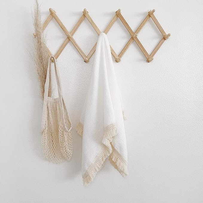 Muslin Cotton Baby Receiving Blanket with Fringe, Boho Bohemian Tassels, Nursery Decor, Boy or Girl Unisex Swaddle Wrap, Use as Throw or Nursing Fringed Blankets (White)