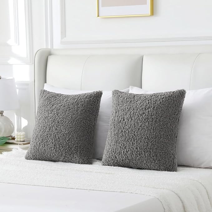 FUTEI Dark Grey Throw Pillow Covers 24x24 Inch Set of 2,Furry Faux Fur Teddy Boucle Textured Cushion Covers,Soft Fluffy European Pillow Shams,Home Decor for Couch Bed Living Room Office Car