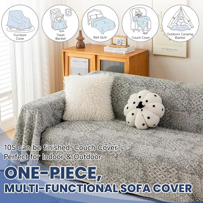ROOMLIFE Couch Cover Black Boho Sofa Covers for 3 Cushion Couch Washable, Furniture Protector Sofa Couch Cover for Dogs, Soft Breathable Sofa Slipcover, Couch Throw Blankets with Tassels 71''X118''