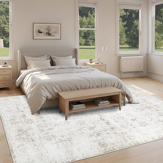 Washable 9×12 Area Rug for Living Room, Vintage Floral Rug Soft Non Slip Stain Resistant Boho Carpet for Bedroom Dinning Room Home Office Beige New