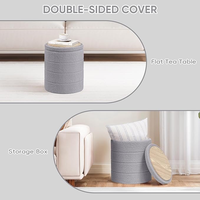 PINPLUS Round Storage Ottoman Foot Rest Stool with Tray Velvet Sherpa Folding Storage Ottoman,Boucle Foot Rest for Living Room, Bedroom, Dorm（Grey）