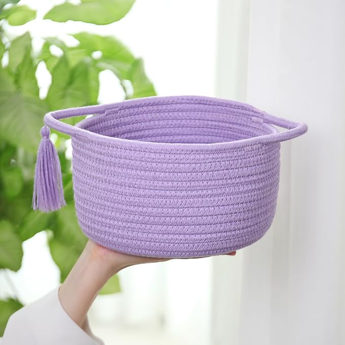 Small Purple Gift Basket Empty to Fill - SweetMemo Cute Woven Rope Organizer Baskets for Baby Shower, Vanity, Makeup, Bathroom, Decoration, Girls Room - Mini Cotton Storage Bins - 2 Pack