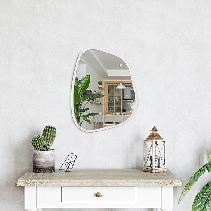 Irregular Wall Mirror Asymmetrical White Mirror Modern Wood Frame Unique Shape Wall Mounted Vanity Artistic Mirror Decor for Living Room Bedroom Bathroom Entryway Hallway Large 16"x12"