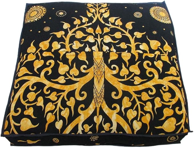 CRAFT KALA Mandala Floor Pillow Cushion Cover Seating Throw Cover Hippie Decorative Bohemian Ottoman Poufs Pillow Cases Boho Indian Cotton Living Room Yoga Home Décor 35" Square Yellow Elephant Tree