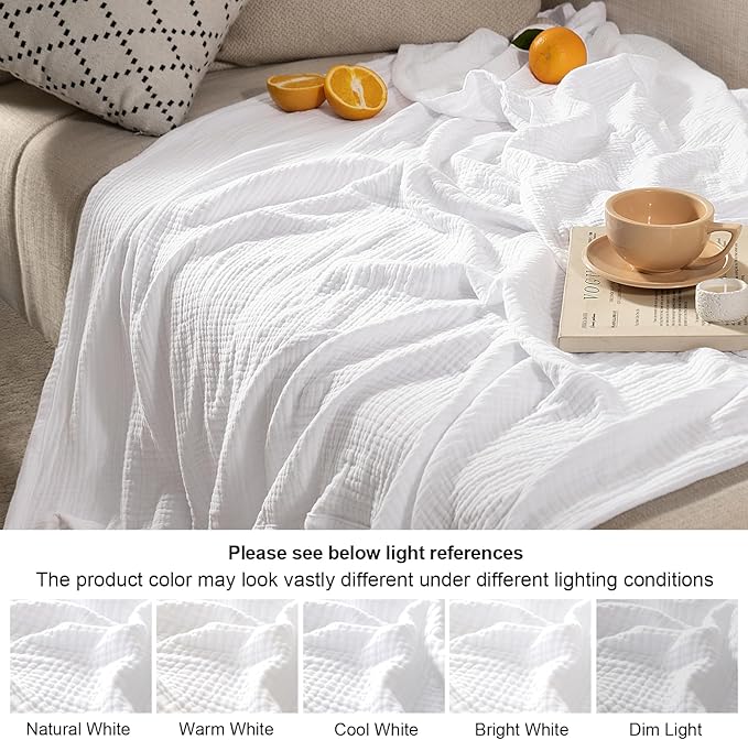 PHF 100% Cotton Muslin Blanket Queen Size 90"x90", 4-Layer Lightweight Gauze Throw, Breathable Cloud-Soft Minimalist Blanket for Bed, Couch, Camping & Baby, White, Ideal Gift