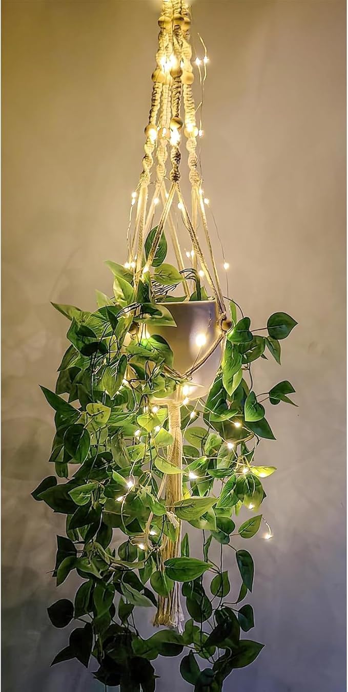 Comtelek Macrame Plant Hanger with Lights Indoor Hanging Planter Basket with Wood Beads Flower Pot Holder Handwoven Cotton Rope Tassels for Boho Home Window Decor 43.5 Inch, Ivory (POTS NOT Included)