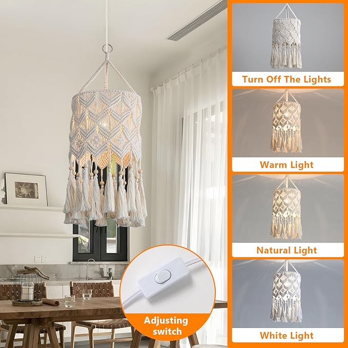 Bioaqua Boho Hanging Lamp Shade, Macrame Pendant Light, Handmade Boho Light Fixture with Plug-in Cord for Home Living Room, Bedroom, Kitchen