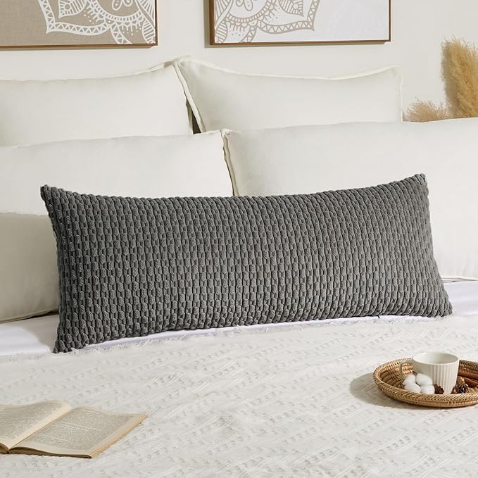 Kevin Textile 20x54 Inch Long Body Lumbar 1 Pack Boho Decorative Throw Pillow Cover Soft Striped Corduroy Rectangle Cushion Case Farmhouse Accent for Living Room Couch Sofa Bed, Dark Grey
