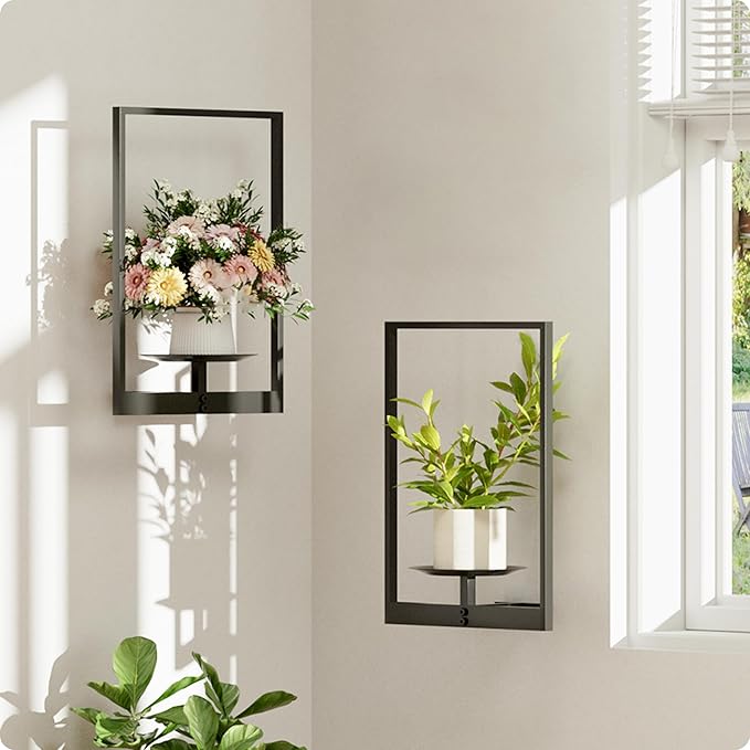 Black Metal Wall Plant Holder - 2-Pack Wall Mounted Plant Stands and Hanging Holders for Indoor Planter and Flower Pot -Rectangle Decor Shelf for Plant Storage (Pot Not Included)