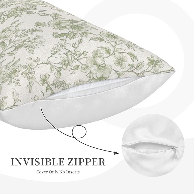 Sage Green Pillow Covers 12x20 Set of 2 Light Green Floral Chinoiserie Throw Pillows Rustic Toile Flower Decorative Pillow Cases Outdoor Chinoiserie Decor Lumbar Cushion Case for Couch Sofa