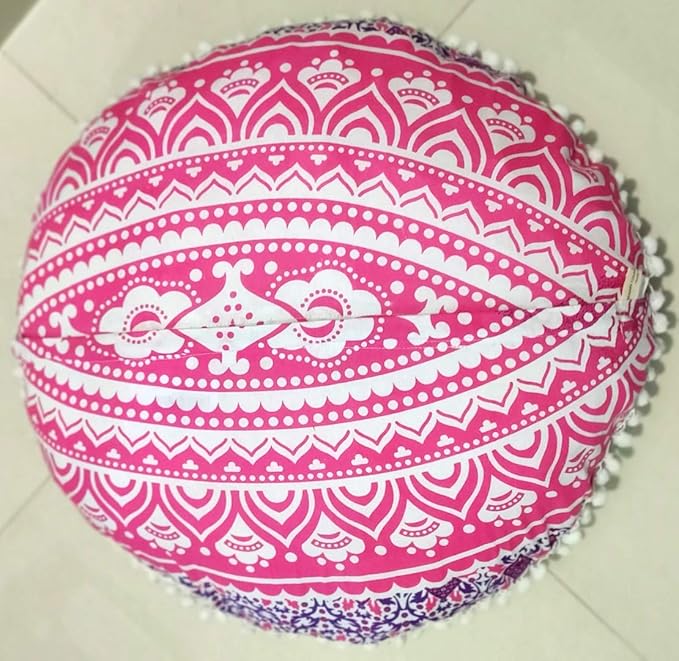 INDIAN CRAFT CASTLE 24" Pink Ombre Mandala Barmeri Large Floor Pillow Cover Cushion Meditation Seating Ottoman Throw Cover Hippie Decorative Zipped Bohemian Pouf Ottoman Pom Pom Cases 24" Round