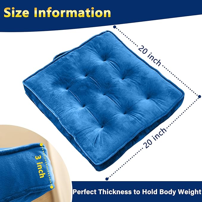 Floor Pillow Set of 2, Memory Foam Meditation Cushion, Floor Cushions for Adults Sitting, Large Square Seat Cushions for Yoga, Couch, Sofa, Kids, Living Room, 20x20 Inch (Navy Blue)