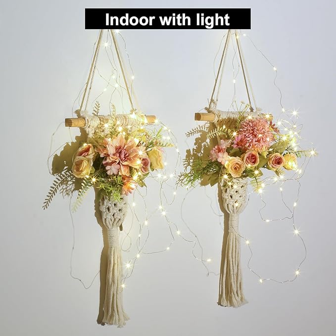 Macrame Wall Hanging, White Cotton Rope with Artificial Dahlia Flowers, 8x23 Inches, Handcrafted Boho Tapestry with LED Lights, Decorative Wall Art for Living Room, Bedroom (Flamingo Pink)