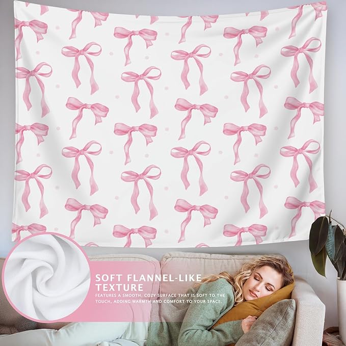 LIANGW Coquette Pink Bow Tapestry Wall Hanging, Coquette Preppy Room Decor, Pink Girly Aesthetic Wall Blanket Decor for Girls Room Dorm Apartment, 50x60 Inch