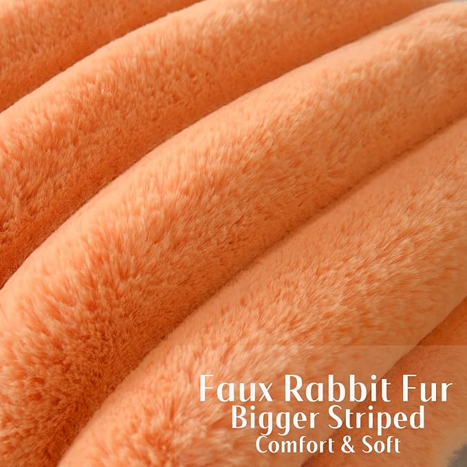 FUTEI Orange Decorative Throw Pillow Covers 18x18 Inch Set of 2, Square Soft Faux Rabbit Fur Thick Striped Cushion Cover,Spring Home Decor for Couch Bed Living Room