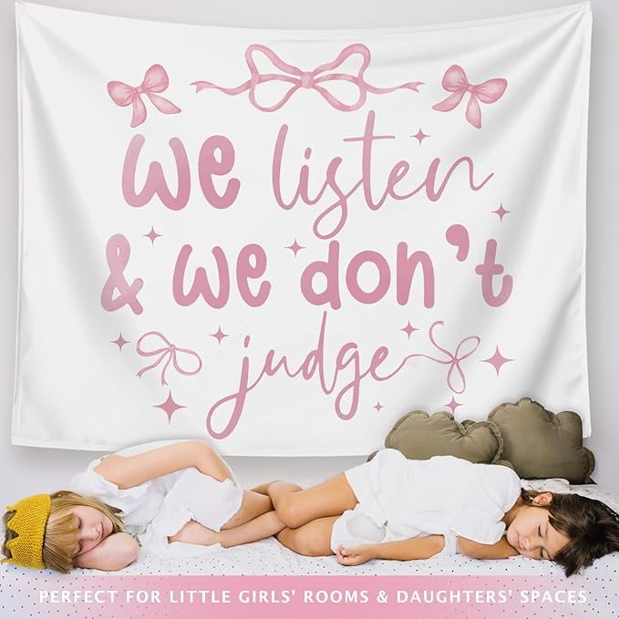 LIANGW Coquette Pink Bow Tapestry Wall Hanging, Preppy Room Decor, We Listen and We Don't Judge Aesthetic Wall Blanket, Pink Girly Aesthetic Decor for Girls Room, Dorm, Apartment, 50x60 Inch