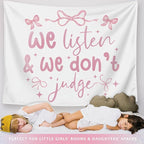 LIANGW Coquette Pink Bow Tapestry Wall Hanging, Preppy Room Decor, We Listen and We Don't Judge Aesthetic Wall Blanket, Pink Girly Aesthetic Decor for Girls Room, Dorm, Apartment, 50x60 Inch