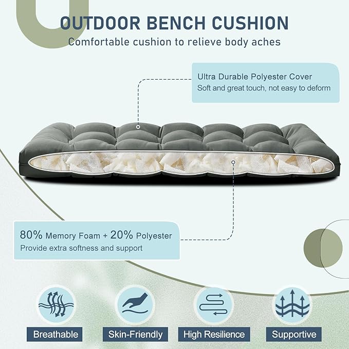 downluxe Outdoor Bench Cushion for Patio Furniture, Waterproof Tufted Overstuffed Porch Swing Cushions, Thick Outdoor Loveseat Cushions, 59" x 18" x 5", Dark Grey, Set of 1