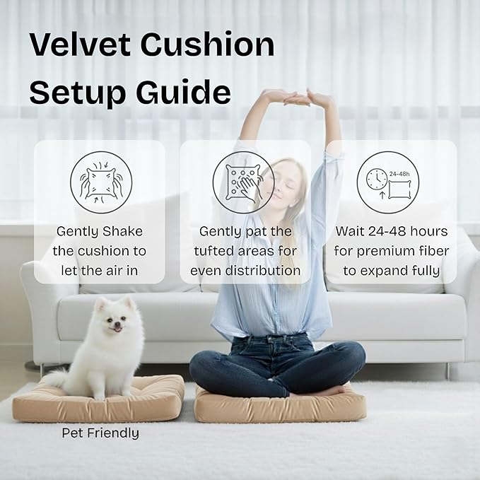 Meditation Floor Pillow Set of 2, Large Velvet Floor Pillows for Sitting, Tufted Floor Seating Cushions for Adults, Big Pillows for Yoga & Living Room, 22x22 Inch, Beige