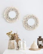 Mkono Hanging Wall Mirror with Macrame Fringe 2 Set Small Round Decoration Boho Antique Mirror for Apartment LivingRoom Bedroom Baby Nursery,Beautiful Gift Ideas