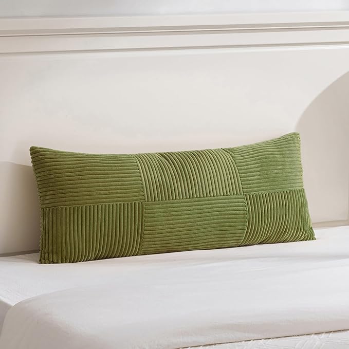 Fancy Homi Set of 2 Moss Green Boho Long Lumbar Body Decorative Throw Pillow Cover 14x36 Inch for Bed Couch Bedroom Bench, Soft Patchwork Corduroy Textured Pillow Case, Rustic Farmhouse Room Décor