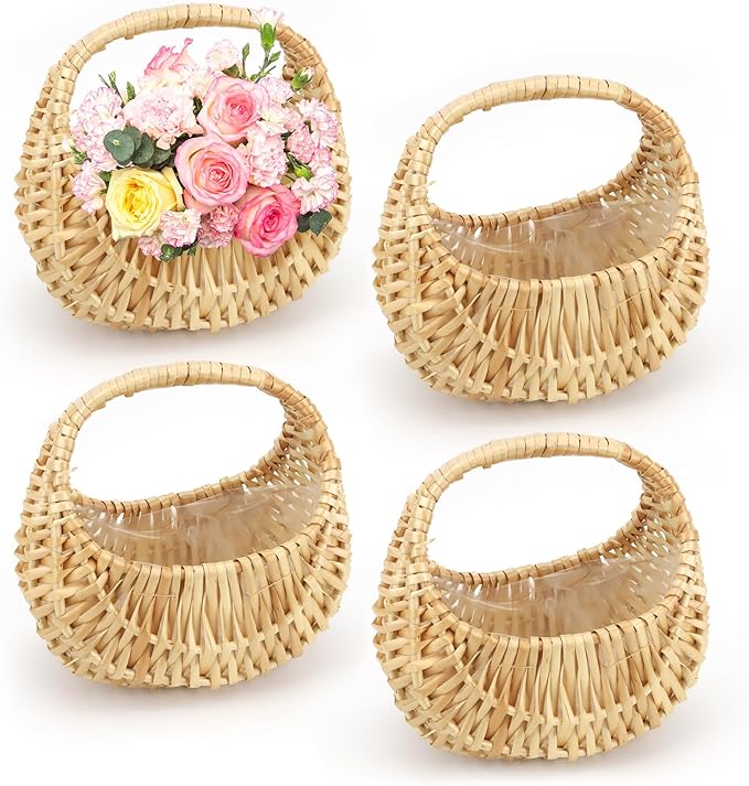 4 PCS Rattan Half Moon Wicker Basket, Small Wicker Woven Basket with Handle, Woven Wedding Flower Girl Baskets, Picnic Basket, for Home Wedding Decor, Photo Props, Camping