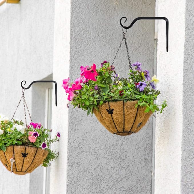 2 Pack Outdoor Heavy Duty Plant Hangers, Black Metal Wall Hooks Hanging Brackets for Flower Baskets, Bird Feeders, Lanterns, Wind Chimes, Patio Garden Porch Indoor Outdoor Use